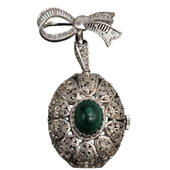Vintage Hamilton 17J Brooch Watch 800 Silver Filigree Malachite Swiss Runs As-Is - Picture 3 of 11